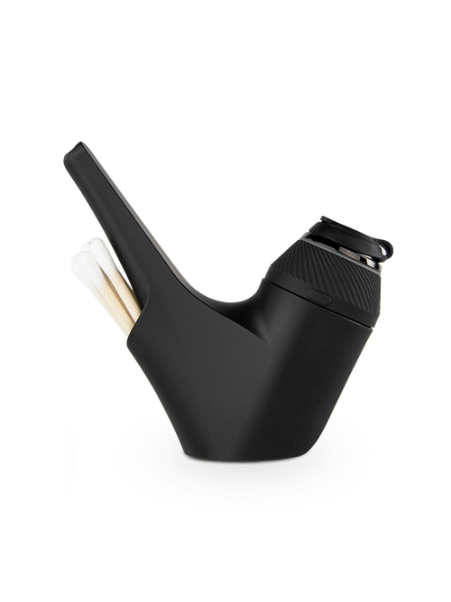 color:black | Side shot of Puffco black Proxy travel pipe with black base and cotton swabs in back compartment