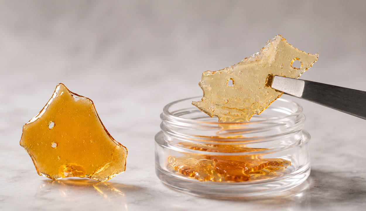 Extrait de Shatter THC ambré cassé montrant sa consistance vitreuse