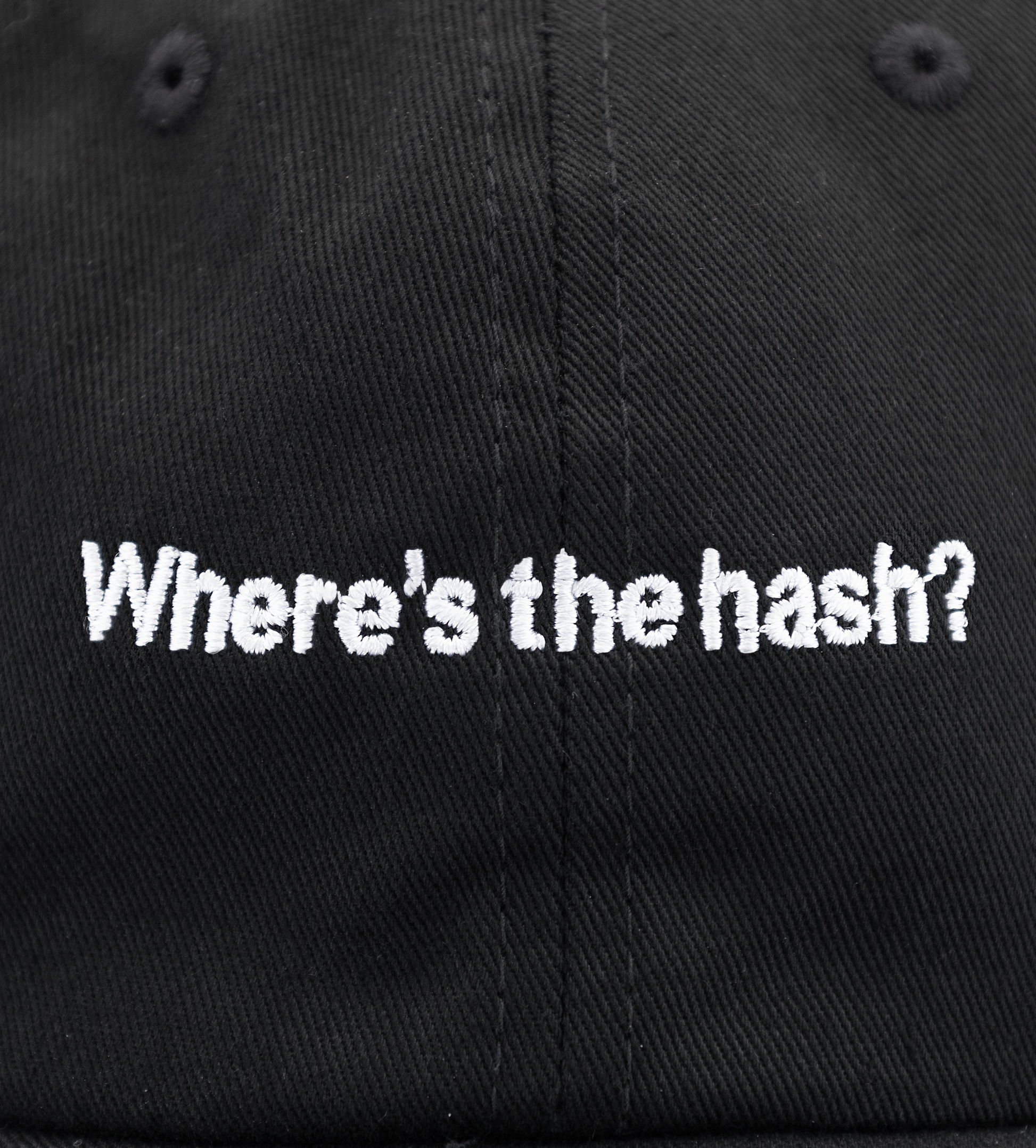 Close up shot of "Where's the hash?" text on black hat with white logo