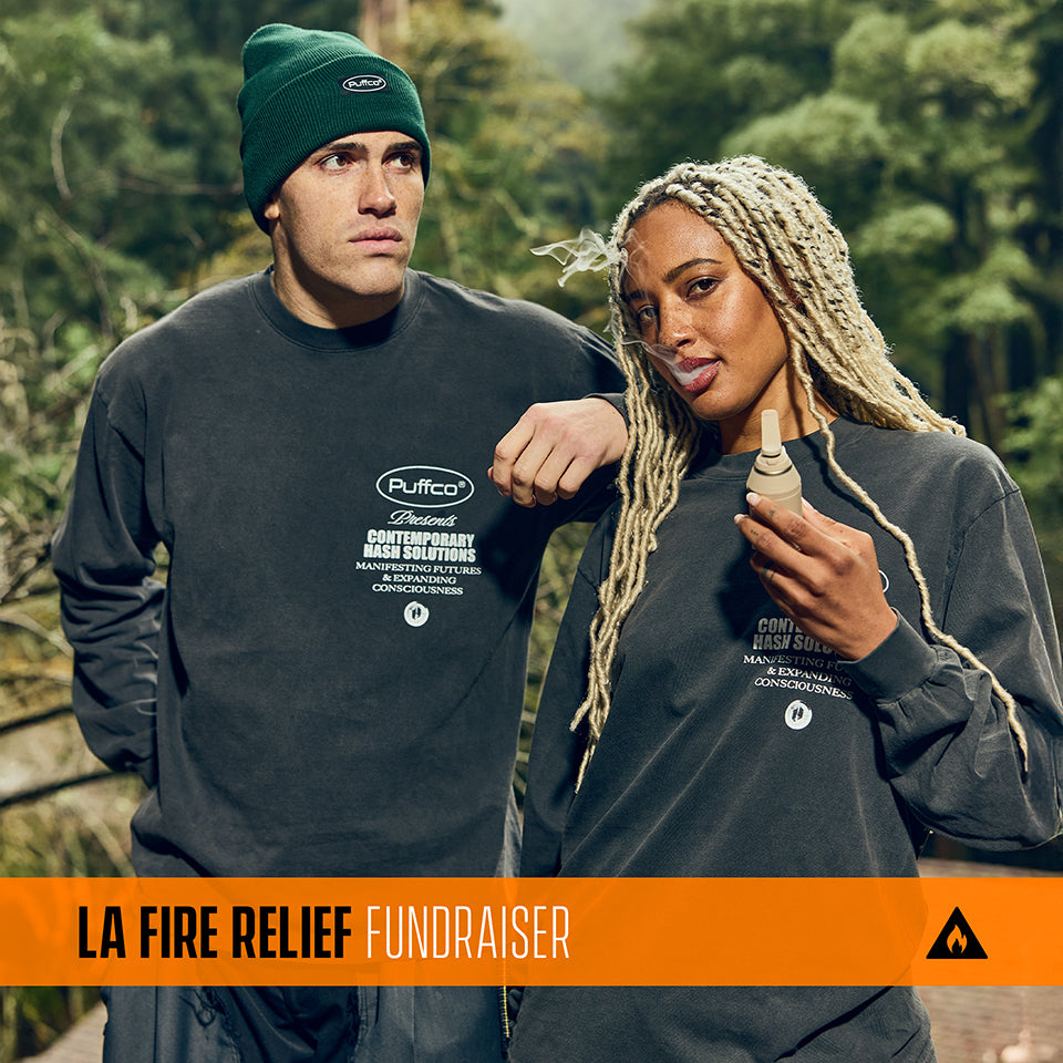 Couple wearing Puffco shirts, man is wearing green hat, with an orange banner saying "LA fire relief fundraiser"