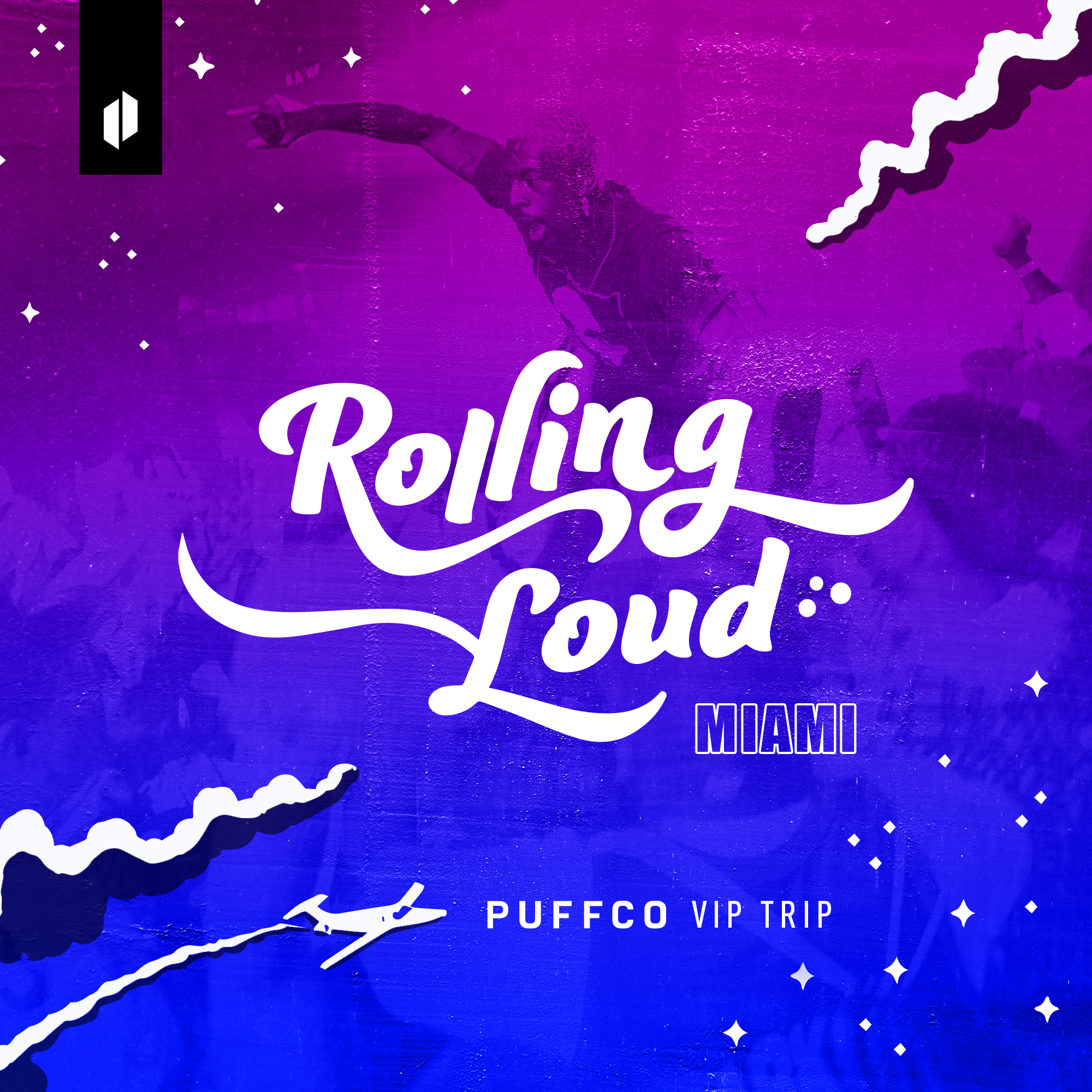 Graphic image announcing the chance to win a Puffco VIP trip to the Rolling Loud concert in Miami
