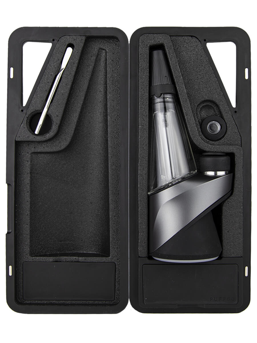 Open black carrying case with Puffco travel glass inside