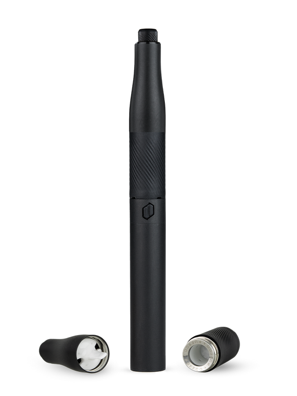 Front shot of Puffco black dab pen battery with chamber and mouthpiece on either side
