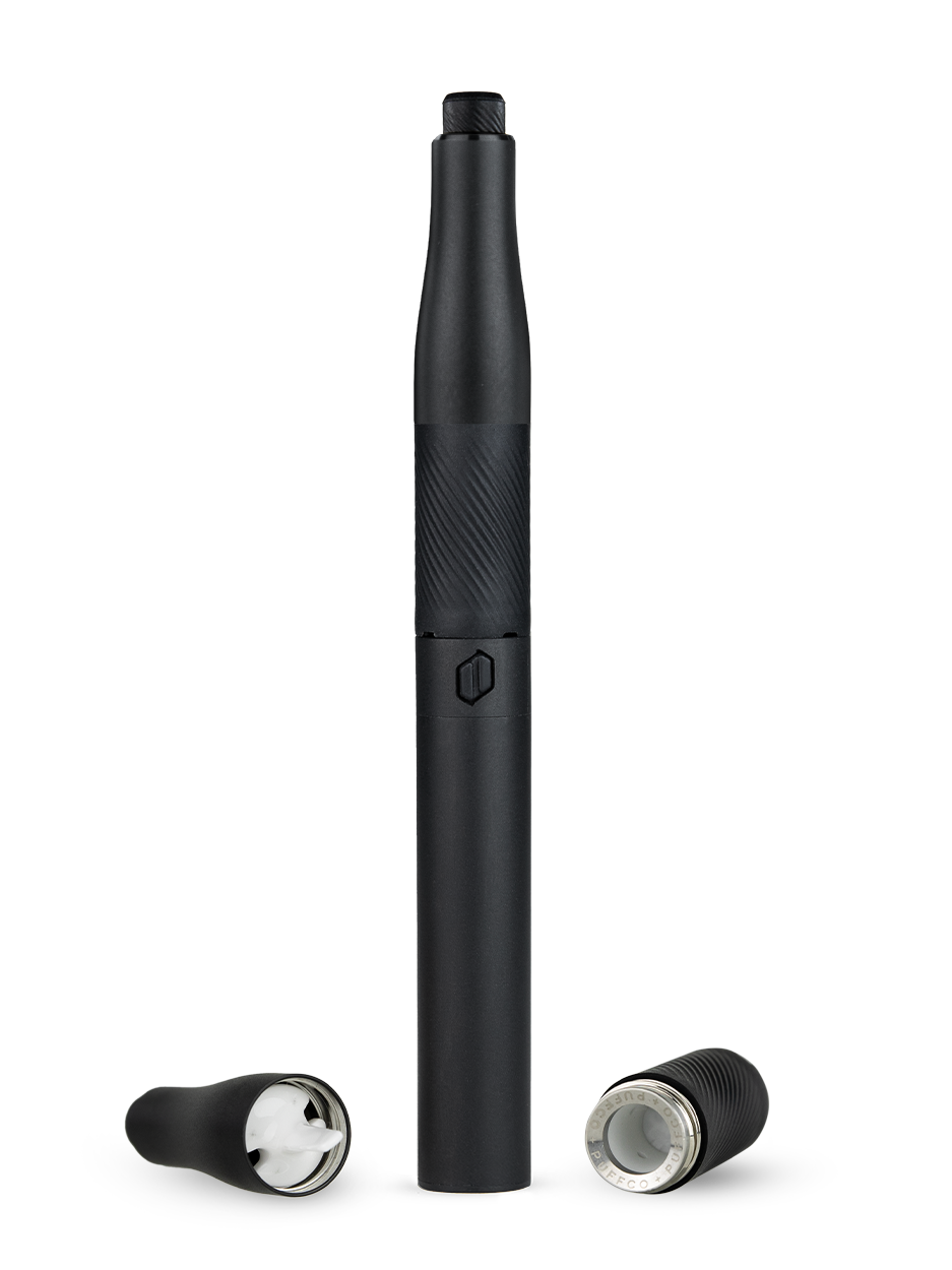 Puffco Plus black wax pen and wax pen battery against white background