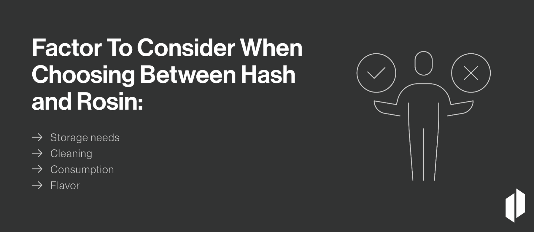 Factor to consider when choosing between hash and rosin: Storage needs, Cleaning, Consumption, Flavor