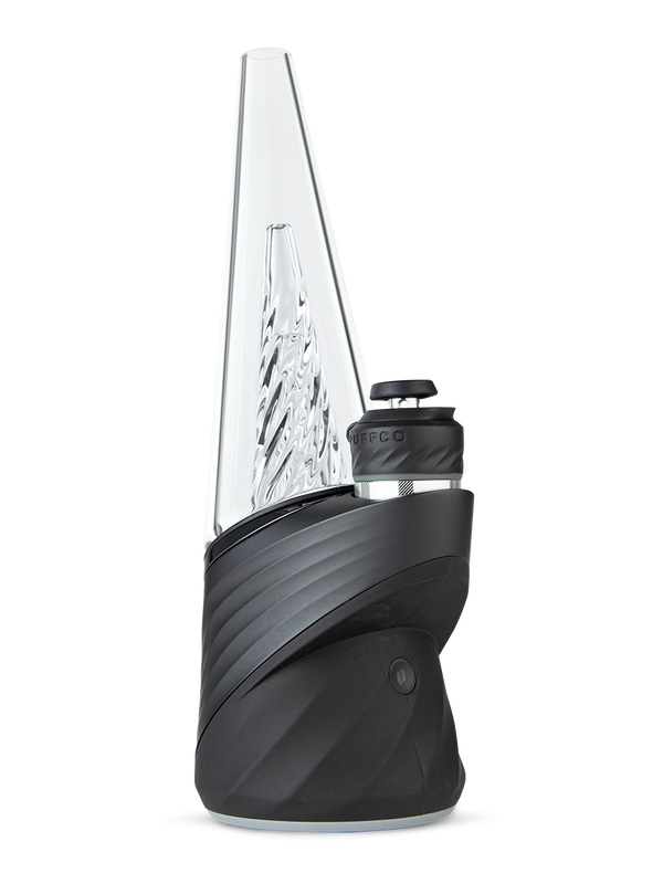color:onyx | Angled front shot of Puffco black new Peak Pro dab rig 