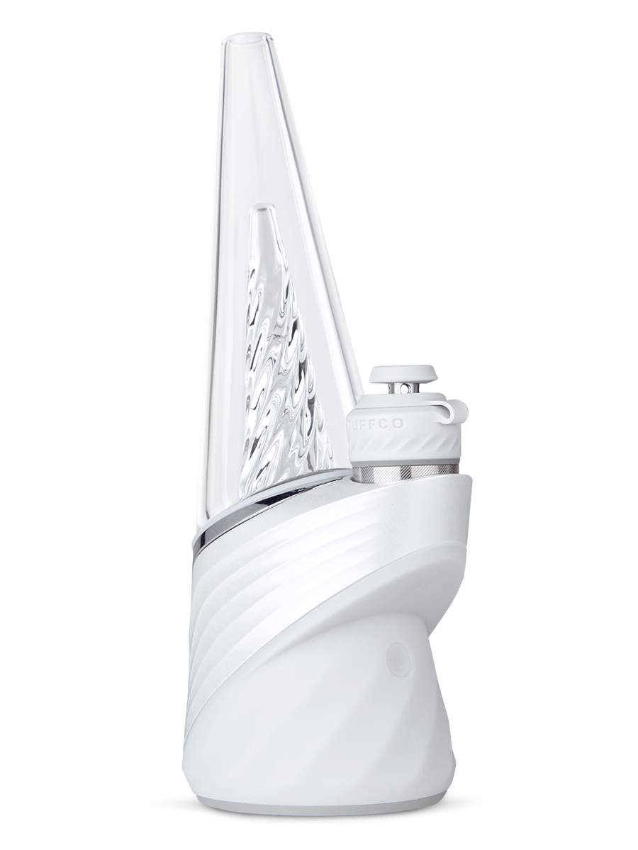 Angled front shot of Puffco white new Peak Pro dab rig 