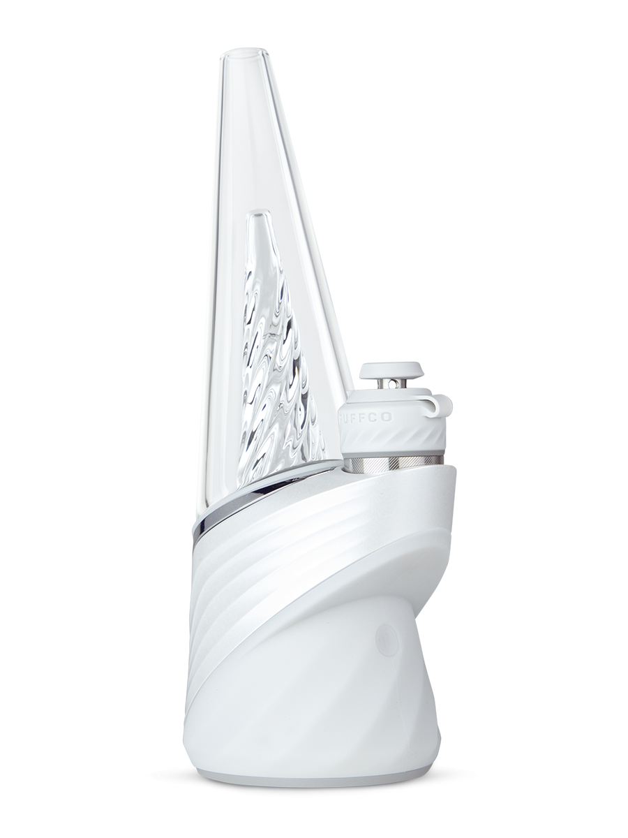  Angled front shot of Puffco white new Peak Pro dab rig 