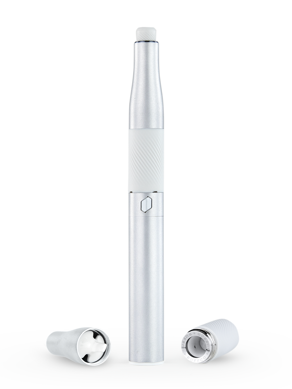 Front shot of Puffco silver dab pen battery with chamber and mouthpiece on either side 