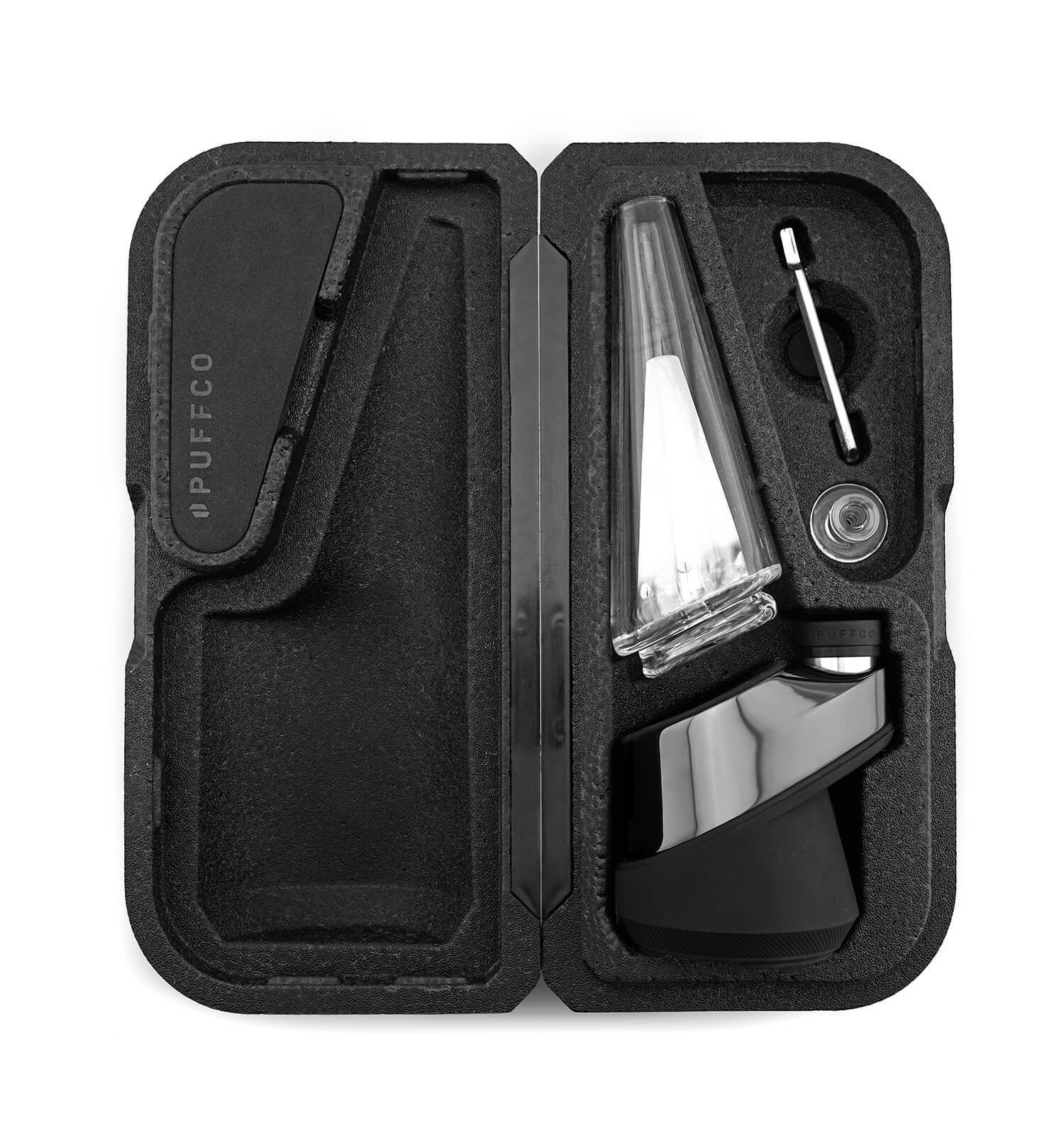 Inside of Puffco black carrying case with vaporizer and accessories