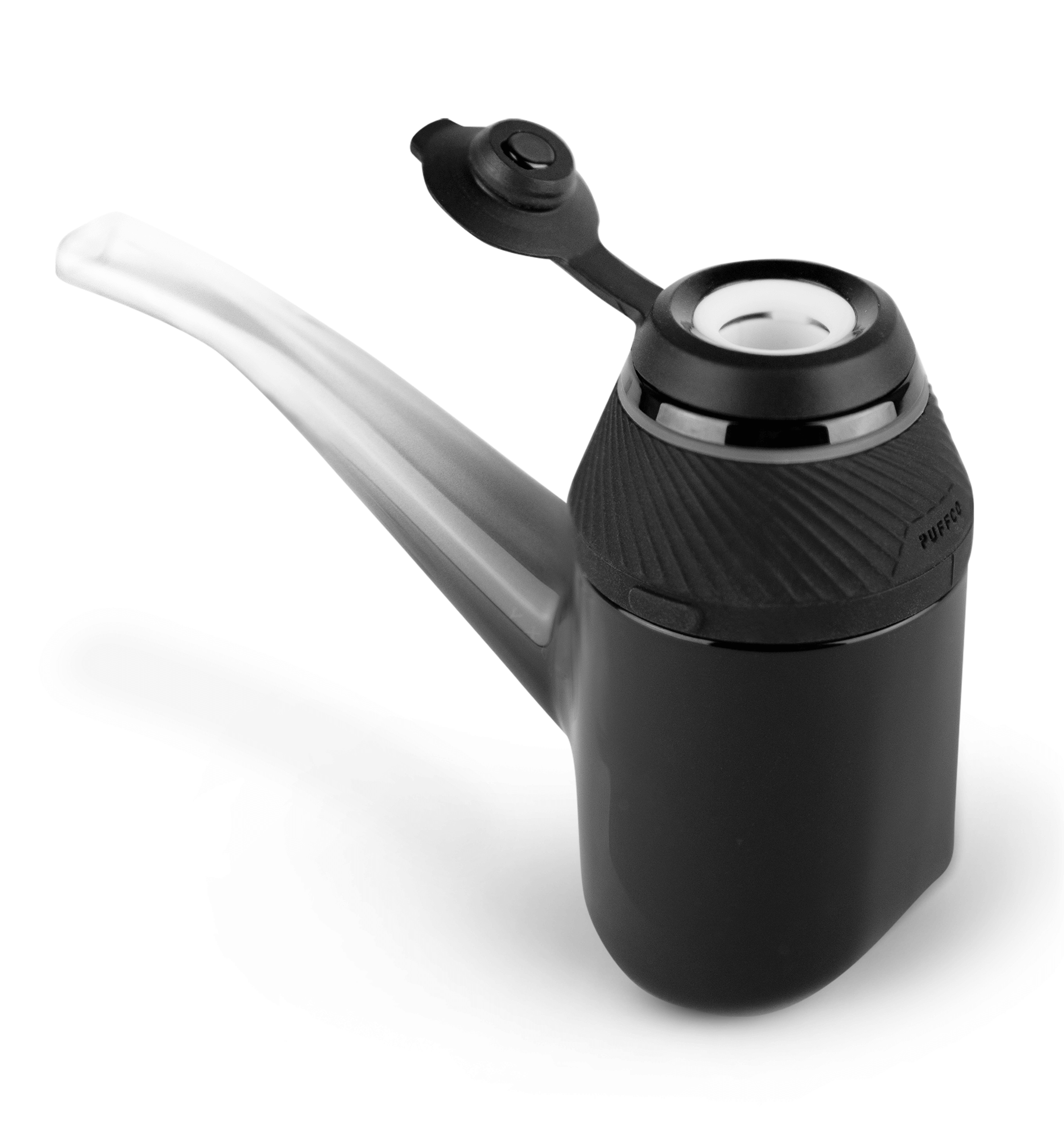 Angled side shot of black Puffco vaporizer kit with open cap