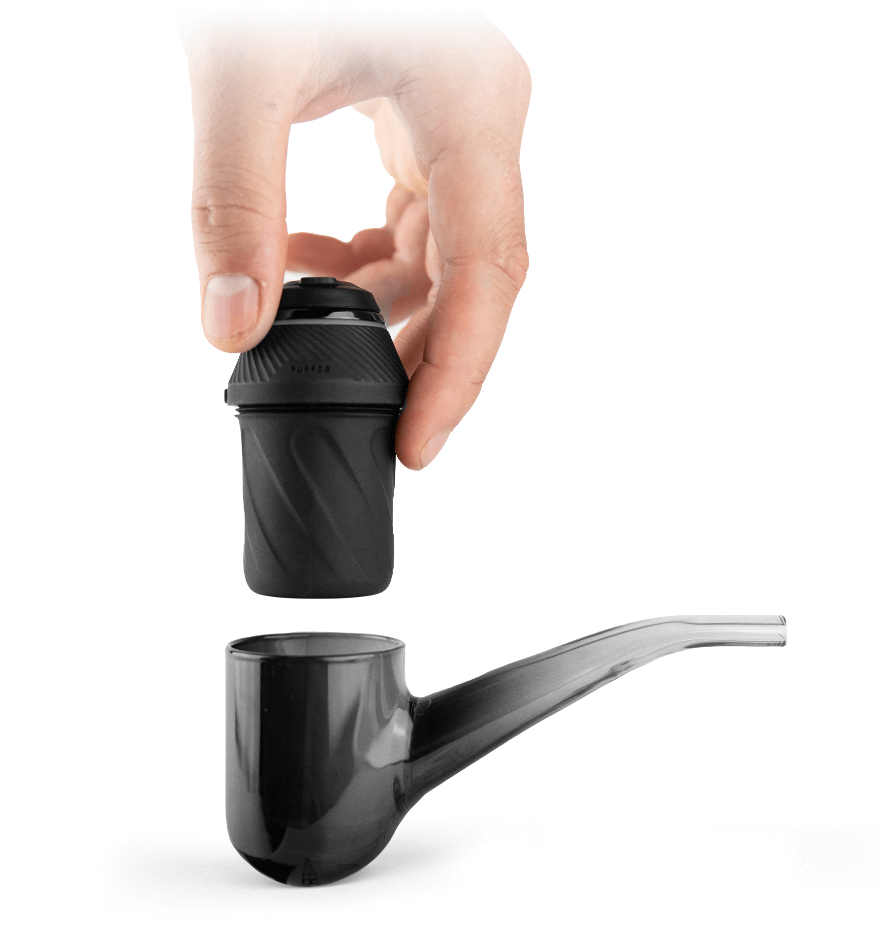  Side shot of black Puffco Proxy kit with hand hovering black chamber over the pipe opening