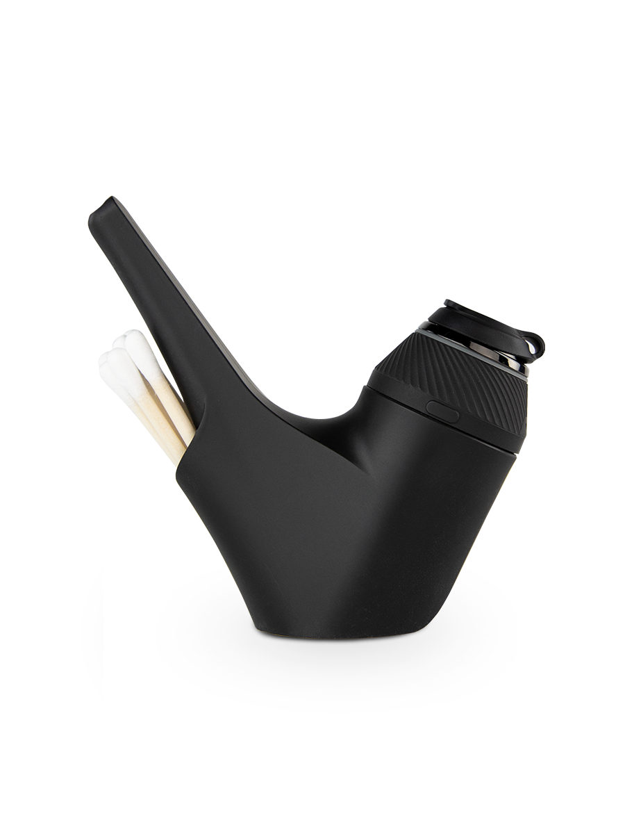 Side shot of Puffco black Proxy travel pipe with black base and cotton swabs in back compartment
