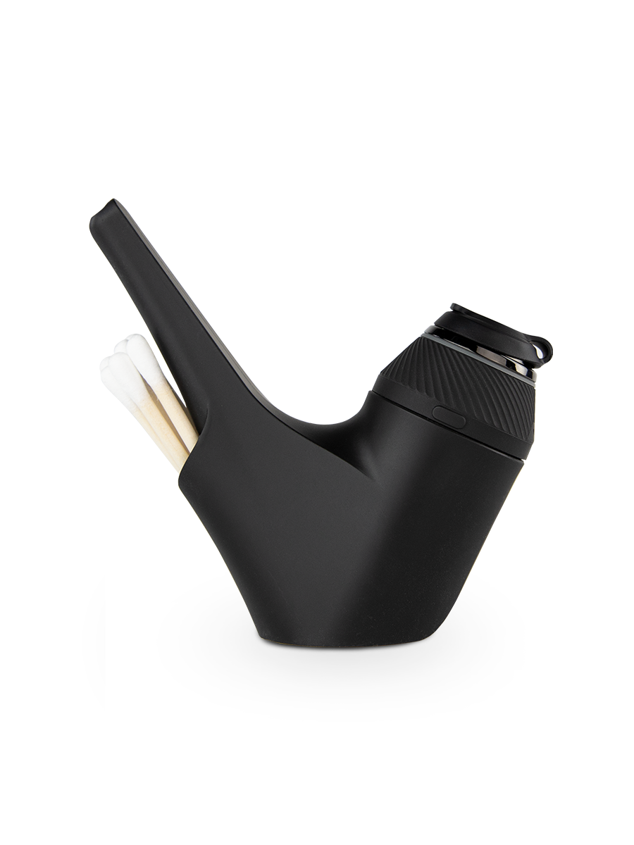  Side shot of Puffco black Proxy travel pipe with black base and cotton swabs in back compartment