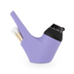 Side shot of purple Puffco Proxy silicone pipe with black base and cotton swabs in back compartment