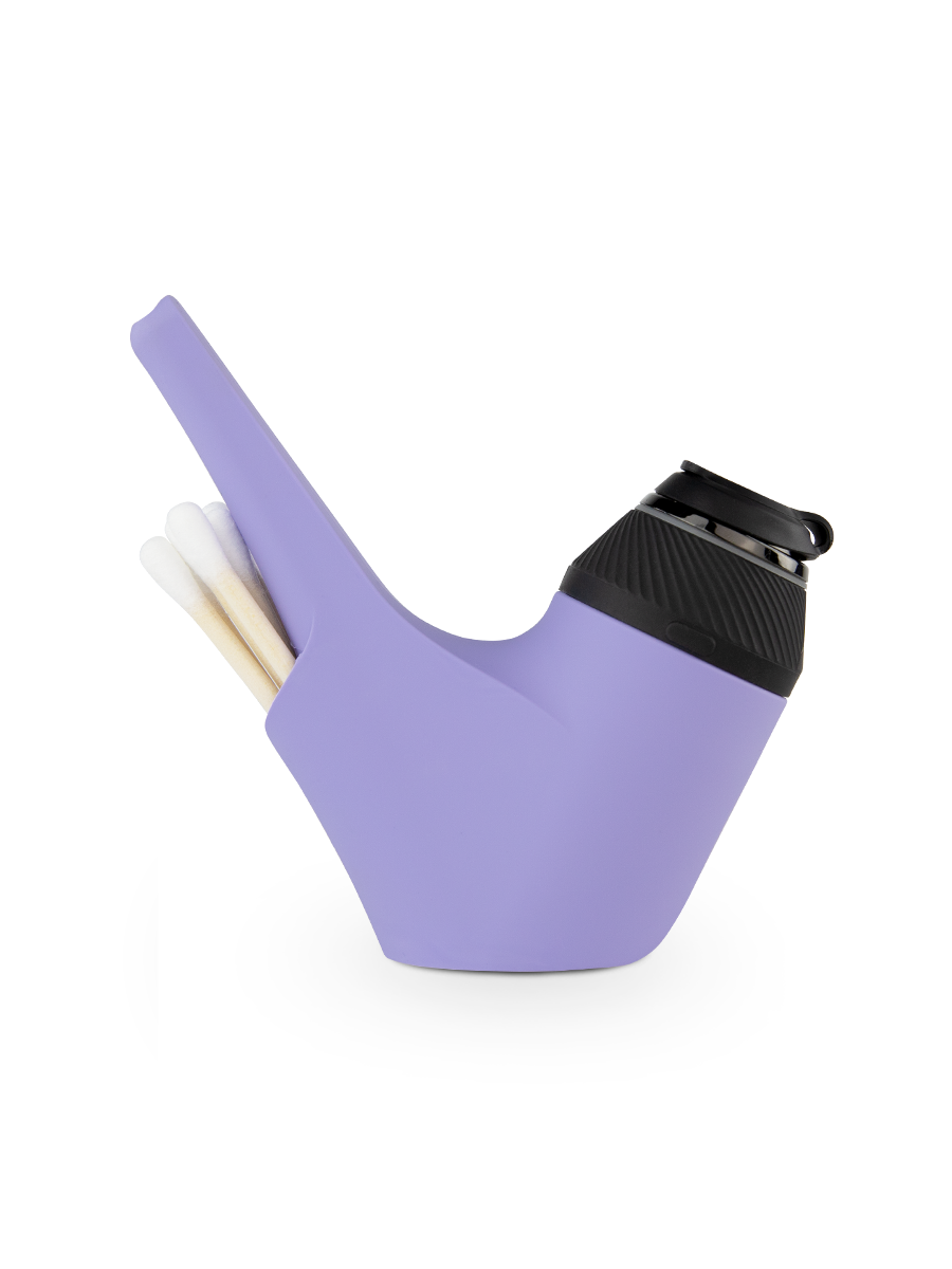  Side shot of purple Puffco Proxy silicone pipe with black base and cotton swabs in back compartment