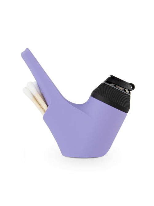 color:purple | Side shot of purple Puffco Proxy silicone pipe with black base and cotton swabs in back compartment